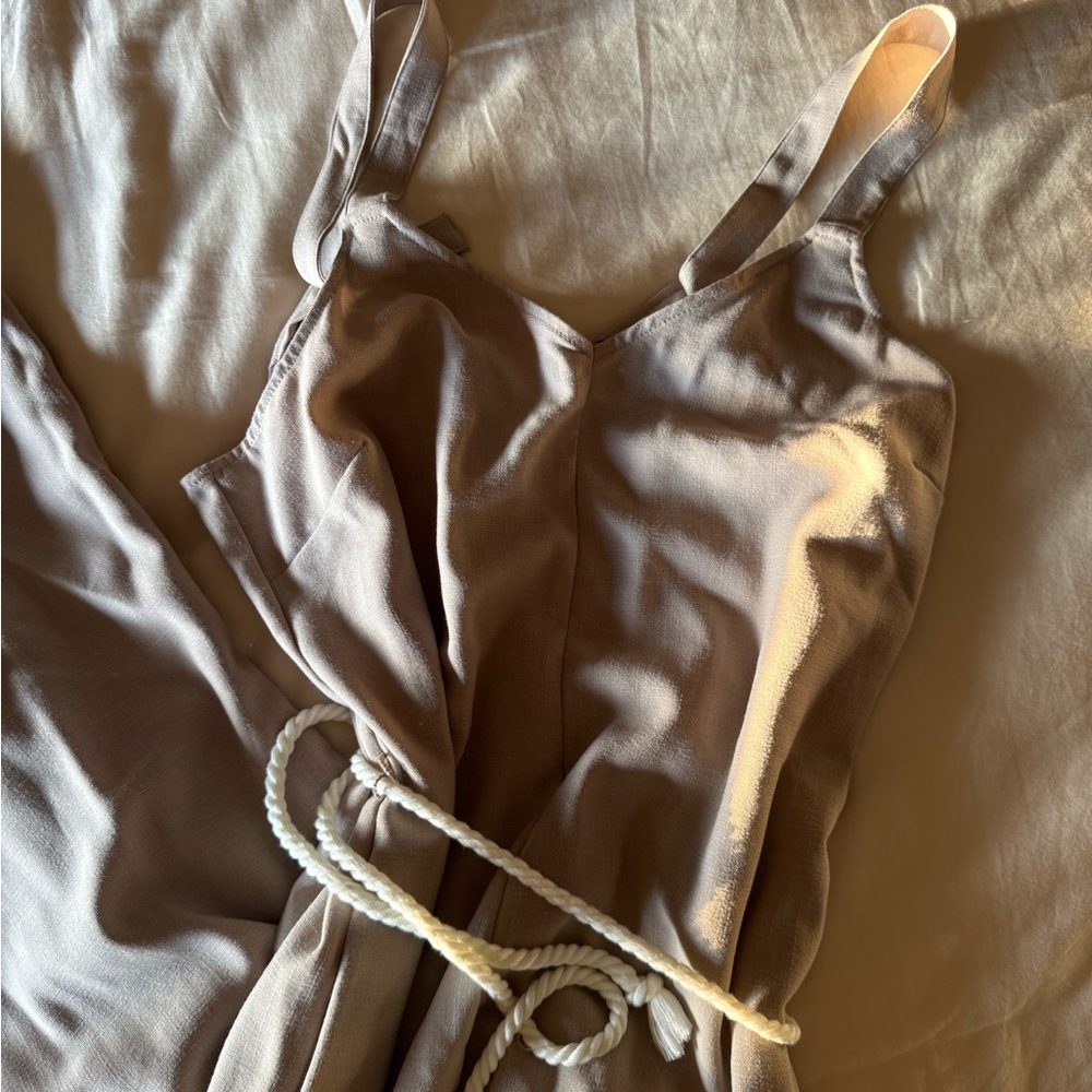 Zara Tan and White Relaxed Jumpsuit with Adjustable Straps